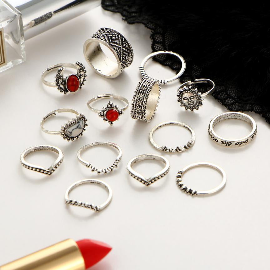 14pcs/Set Vintage Silver Color Moon And Sun Midi Ring Sets for Women Pattern Female Red Big Stone Knuckle Rings Gift #45 - Pure Bliss and Balance