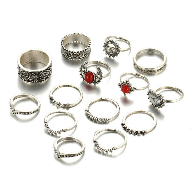 14pcs/Set Vintage Silver Color Moon And Sun Midi Ring Sets for Women Pattern Female Red Big Stone Knuckle Rings Gift #45 - Pure Bliss and Balance